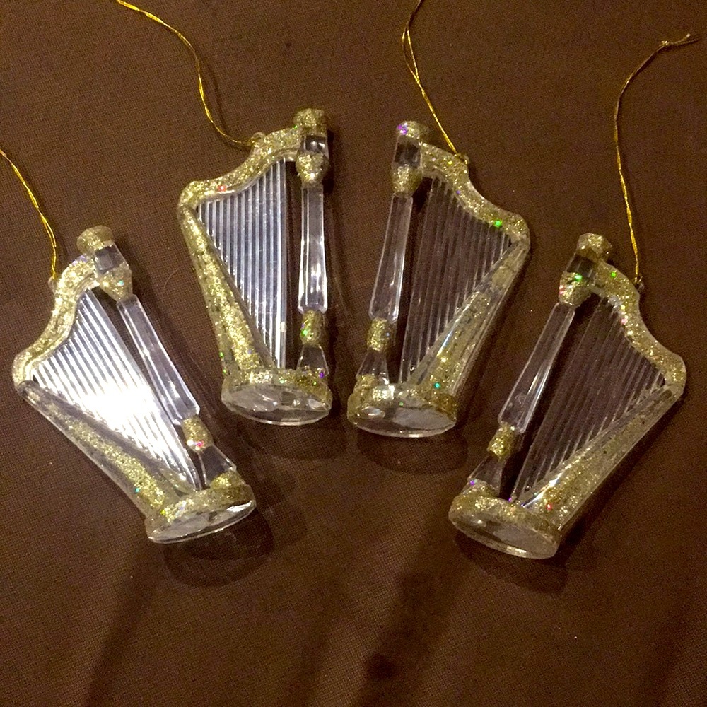 Clear 3D Harp Christmas Ornaments Gold Glitter Set of 4 Symphony NWOT NEW